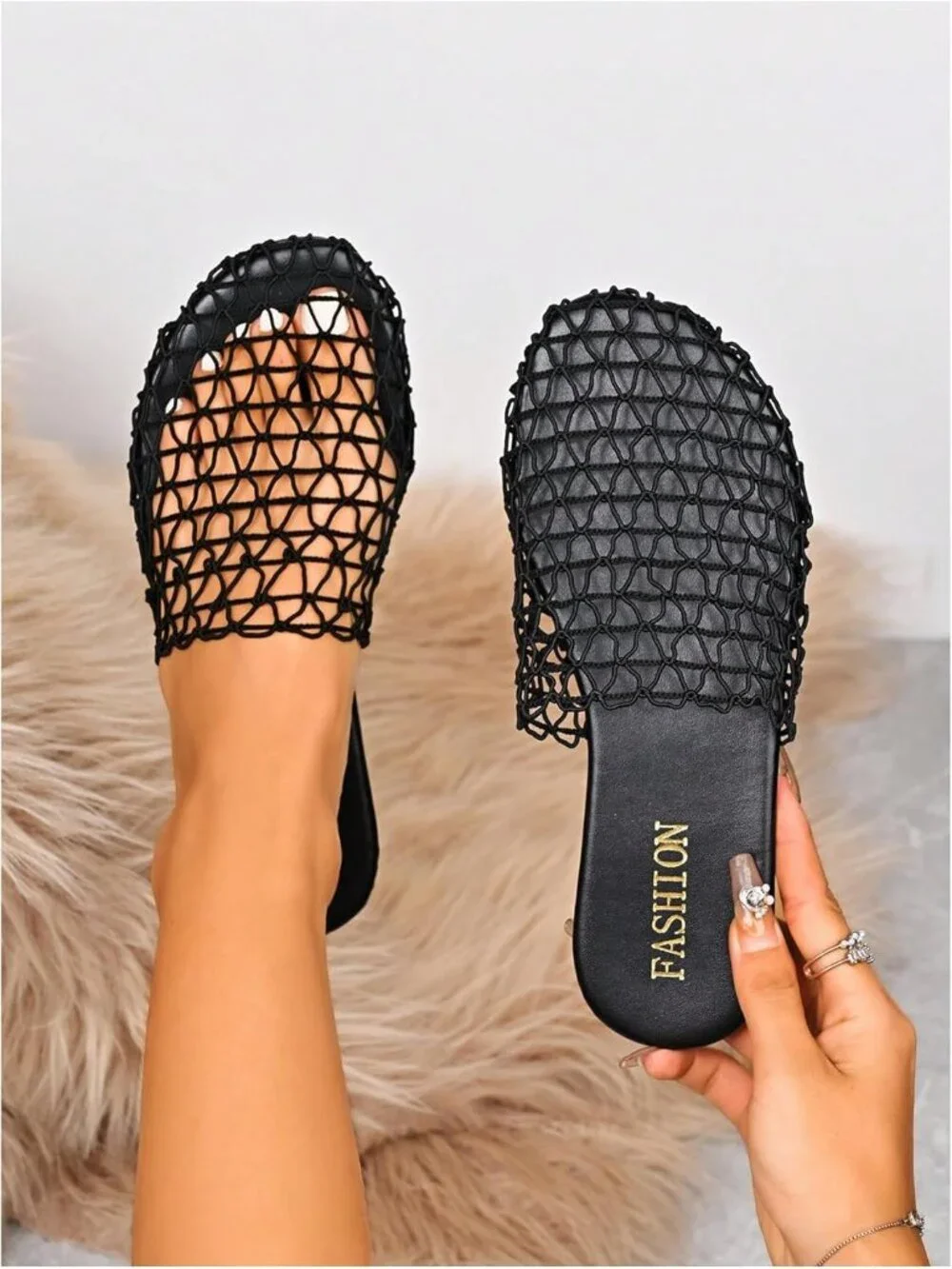 Women's Black Summer Fishnet Mesh Through Hollow Out Slip On Slides Flat Sandals